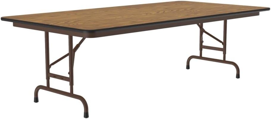 Correll Heavy Duty Adjustable Height Utility Folding Table, Melamine Top, USA Made, Strong Steel Apron, 30"x60", Medium Oak Top Brown Edge