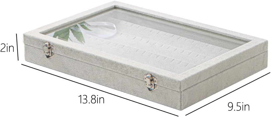 Coward Earring Organizer Tray Box, Grey Beige Velvet Earring Jewelry Display Storage Tray Case with Transparent Glass Lid for Home Drawer or Shop Selling