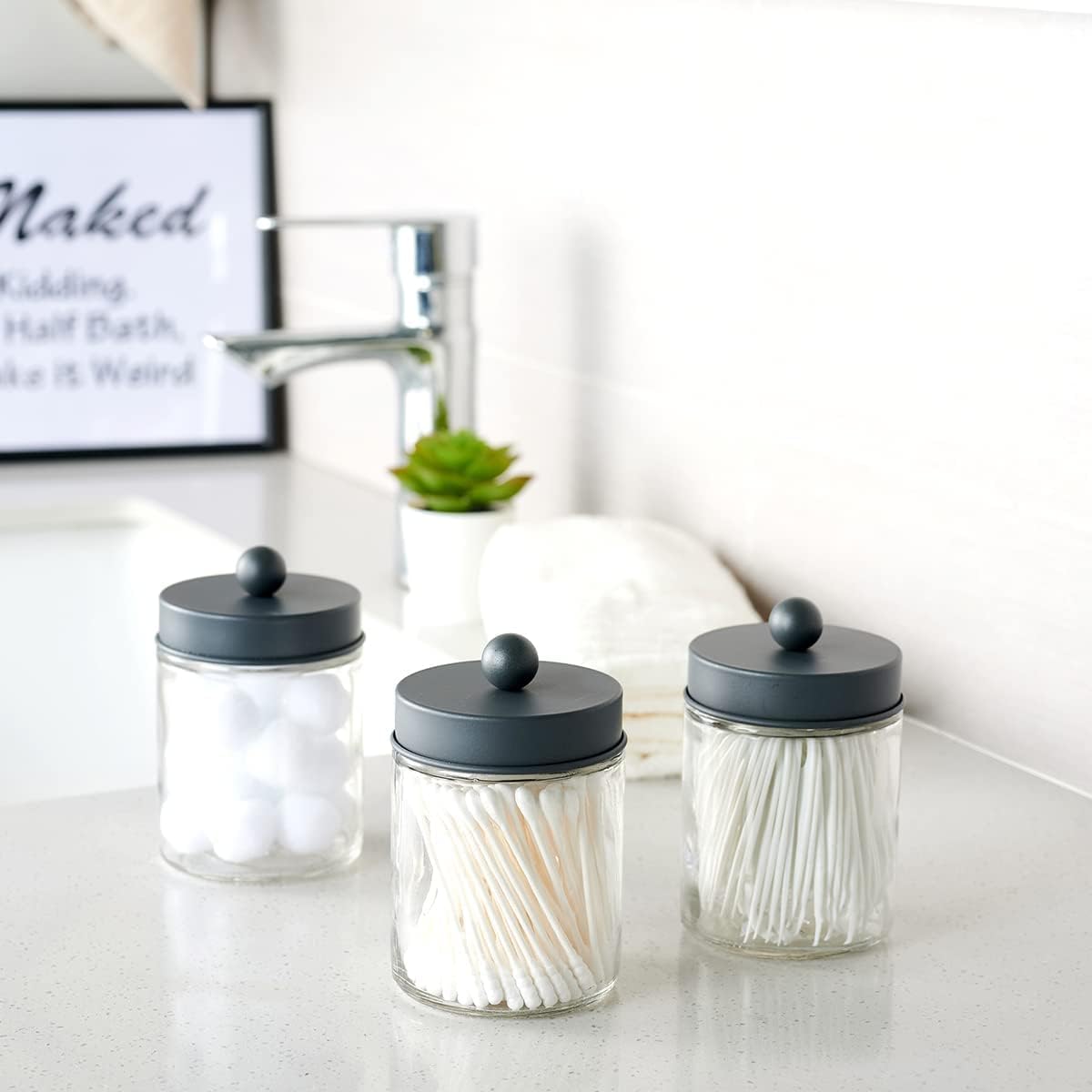 Amolliar Apothecary Jars Bathroom Storage Organizer - Cute Qtip Dispenser Holder Vanity Canister Jar Glass with Lid for Cotton Swabs,Rounds,Bath Salts,Makeup Sponges,Hair Accessories/Grey(2 Pack)