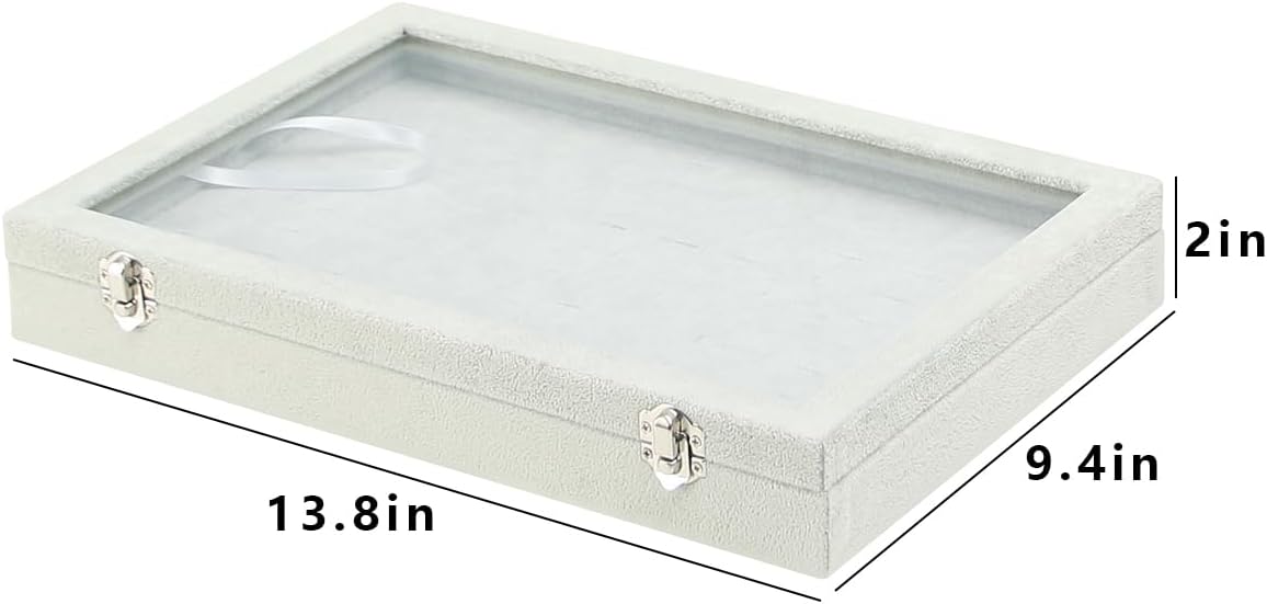 Coward Ring Organizer Jewelry Tray Box, Grey Beige Velvet 100 Slots Ring Display Tray Case with Transparent Glass Lid for Home Use or Store Selling Show