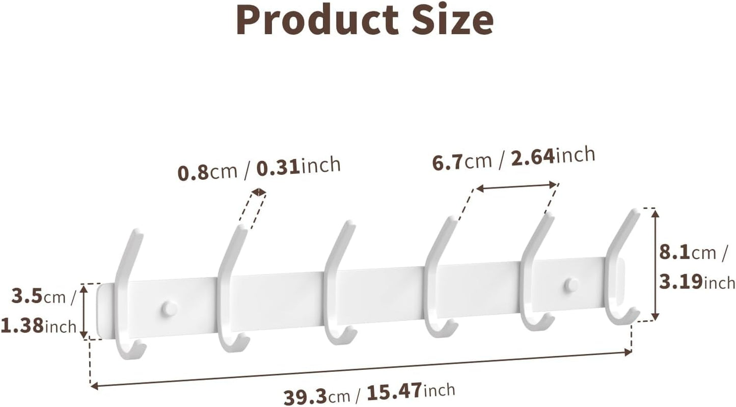 Coat Rack Wall Mount Hooks - 15 Inch Matte White Metal 6-Hook Organizer Wall Mounted, Modern Kids Room, Entryway & Bathroom Hanger for Beach Towels, Coats, Purses, Bags (1 Pack)