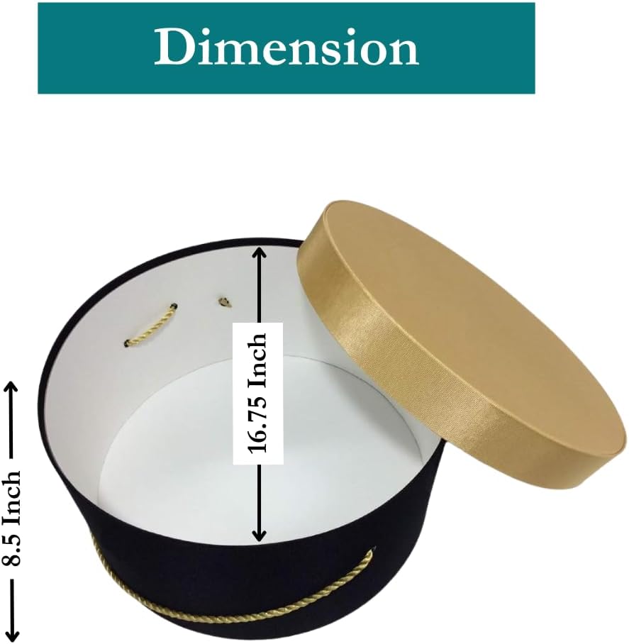Sarah's Hat Boxes Classic Black/Gold Hat Box โ 16.75" x 8.5" (Dia. x Ht.) Handmade in USA โ Odorless Non-Toxic Adhesive, Cording Handle โ Premium Storage for Hats & Accessories