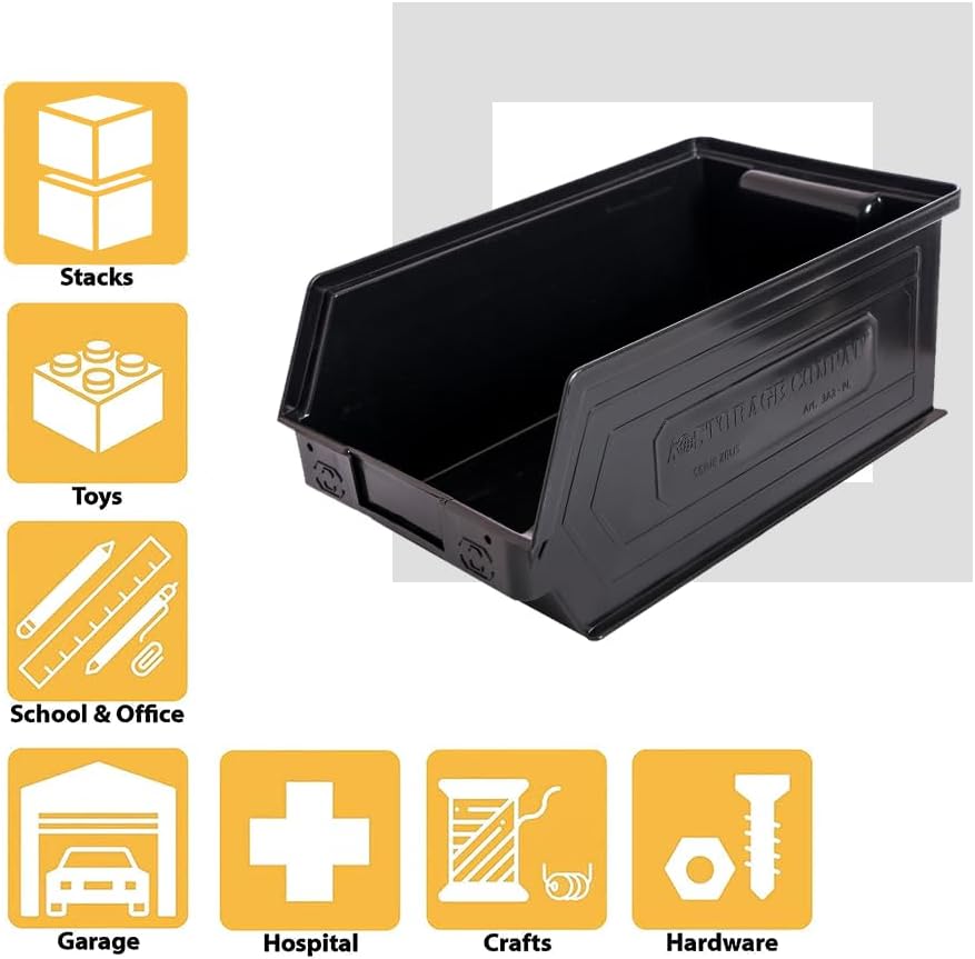 6-Pack Storage Bins, Wall Mount, Stackable & Freestanding, 12āx 8ā x 6ā Plastic Organizers, Utility Containers for Garage, Home, Workshop, Black