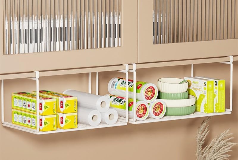 Foil and Plastic Wrap Organizer Holder Foldable Under Cabinet Shelf Kitchen Pantry Desk Hanging Storage Rack (White)