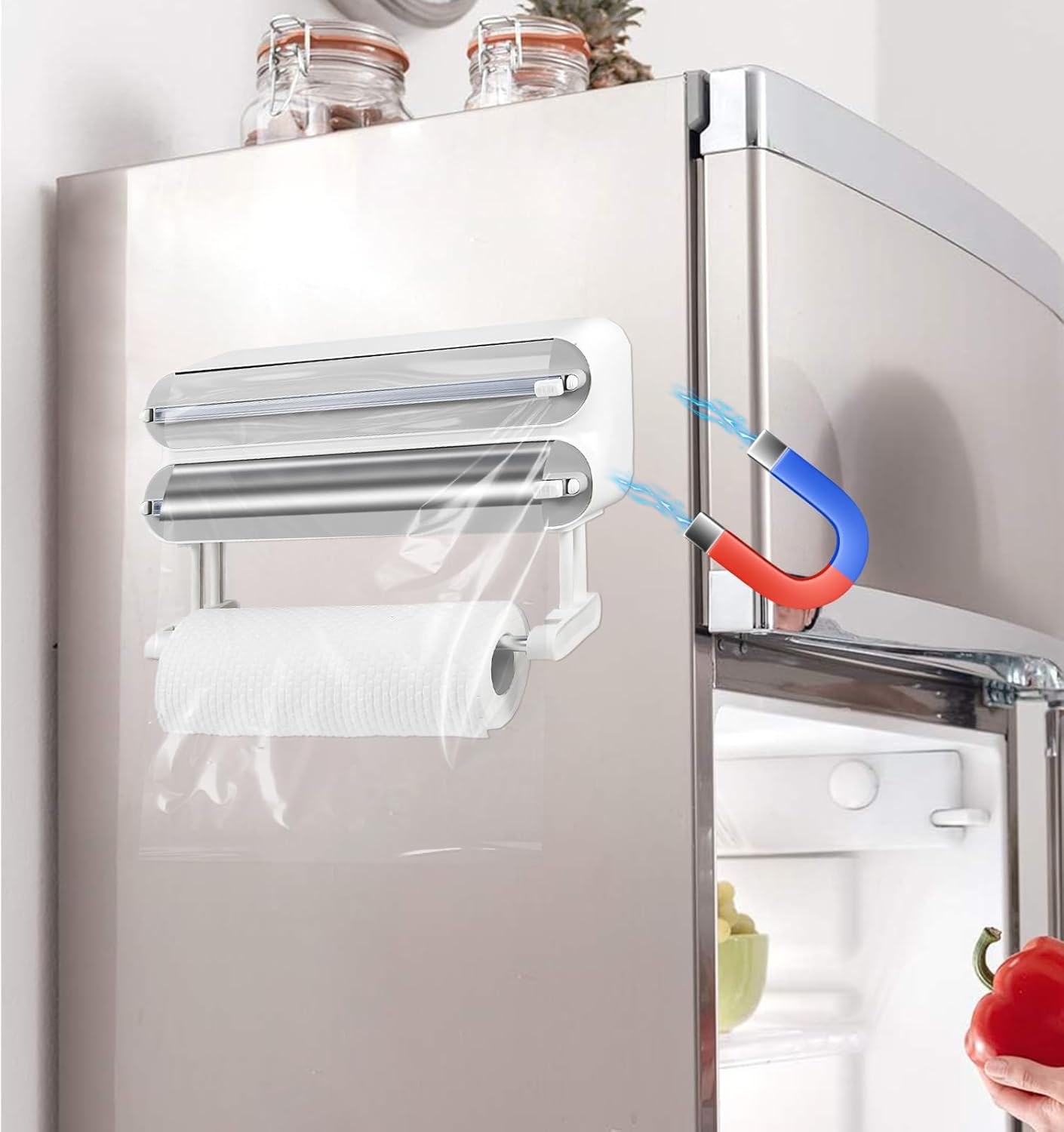 3 in 1 Plastic Wrap Dispenser with Cutter,Magnetic Aluminum Foil and Adhesive Film Organizer, Wall Mount Kitchen Wrap Organizer, Cling Wrap Dispenser with Paper Towel Holder and Cutter