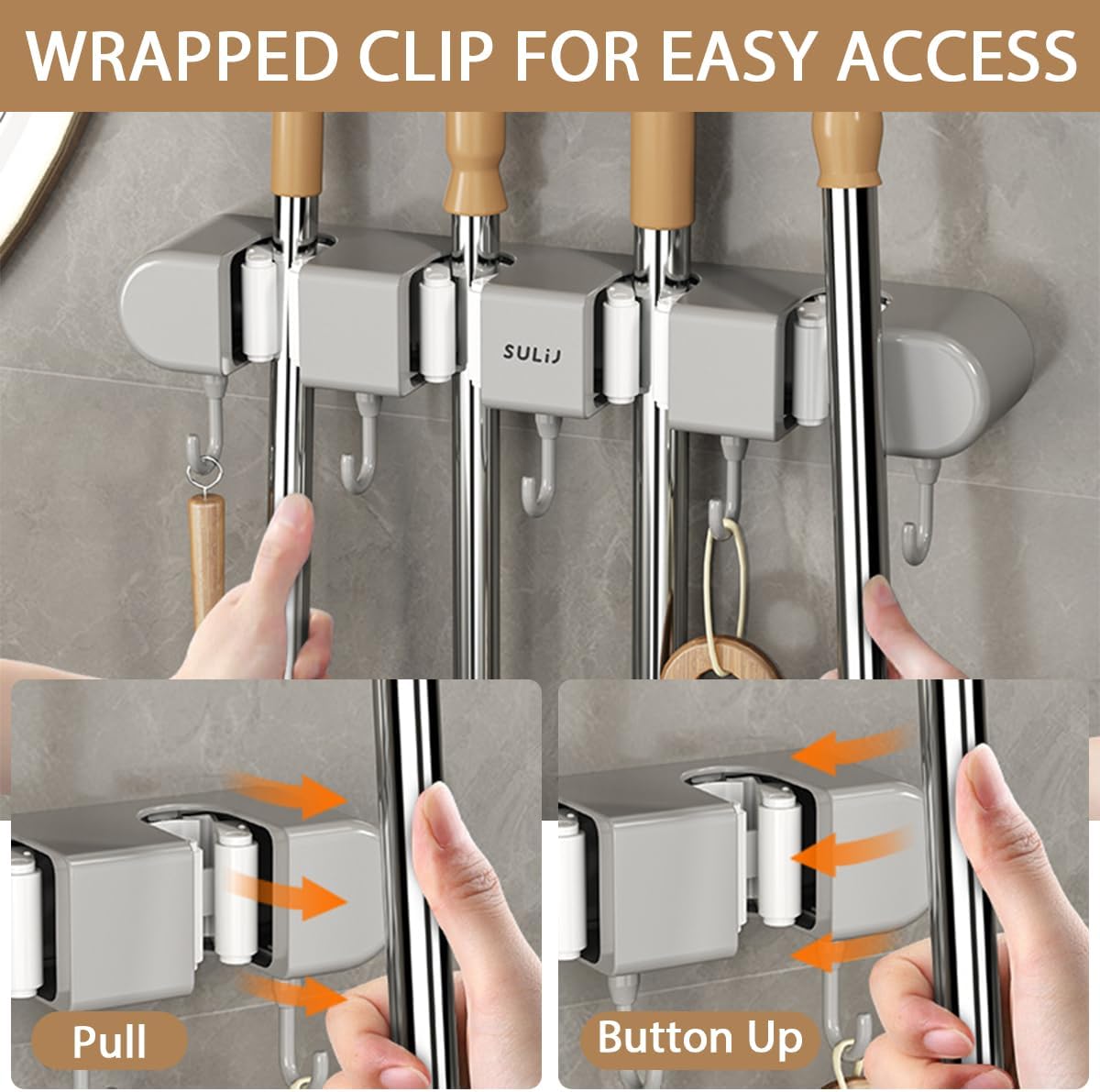 3PCS Broom Holder Wall Mount, No-Drilling Self-Adhesive Mop and Broom Storage Rack (4 Racks with 5 Hooks),Wall-Mounted Broom Hanger for Bathroom, Kitchen, Closet, Garage, Grey