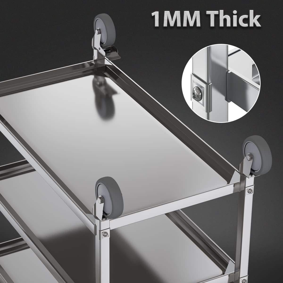 Heavy Duty Stainless Steel Utility cart,Industrial Serving cart with Wheels, 3 Shelf 360°Rotation Storage Trolley with Locking Wheels 500 lbs Capacity,1MM Thick 33.5 * 17.4 * 35.4' L*W*H.
