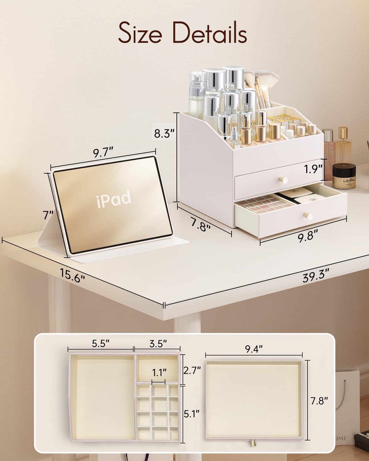 Vlando Makeup Organizer,Skincare Organizer for Vanity,PU Leather Make up Organizer with Drawers Cosmetic Display Case for Countertop,Perfume,Gifts Ideas for Women (Apricot White)