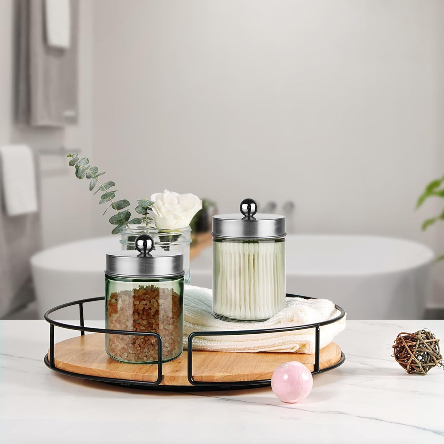 Amolliar Sage Green Qtip Holder, Glass Apothecary Jar Metal Lid & Sticker, Bathroom Qtip Dispenser Storage Canister, Perfect for Cotton Balls Swabs, Round Pads, Bath Salt, Floss, Brushed Nickel 4 Pack