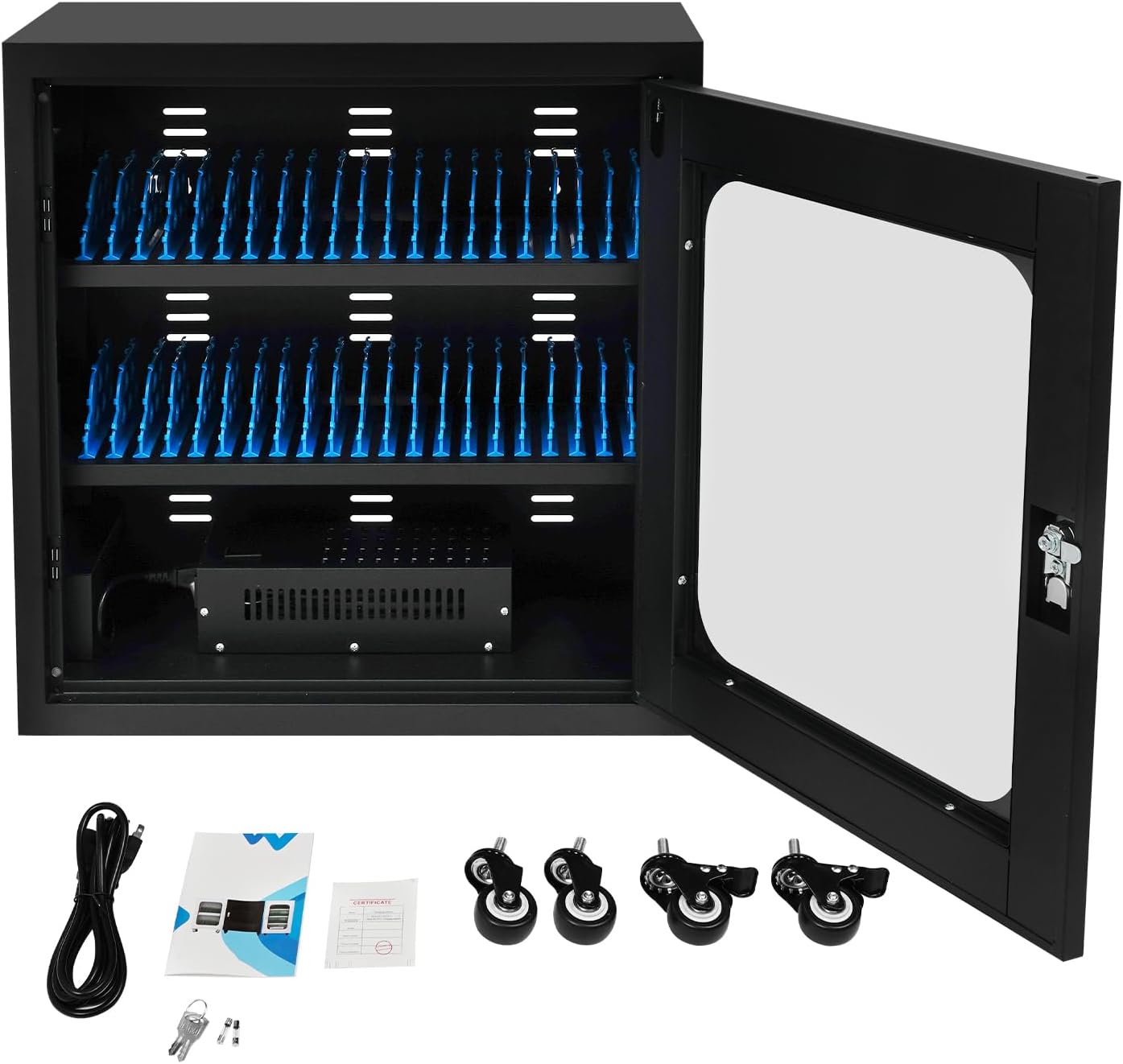 Mobile Phone Charging Cabinet 40-Port Charge Station with 4 Universal Wheels (2 Brakes) & Visible Door 40 Device Charging Cart Mobile Charge Station for Cell Phones Less Than 8'' In Size(Black)