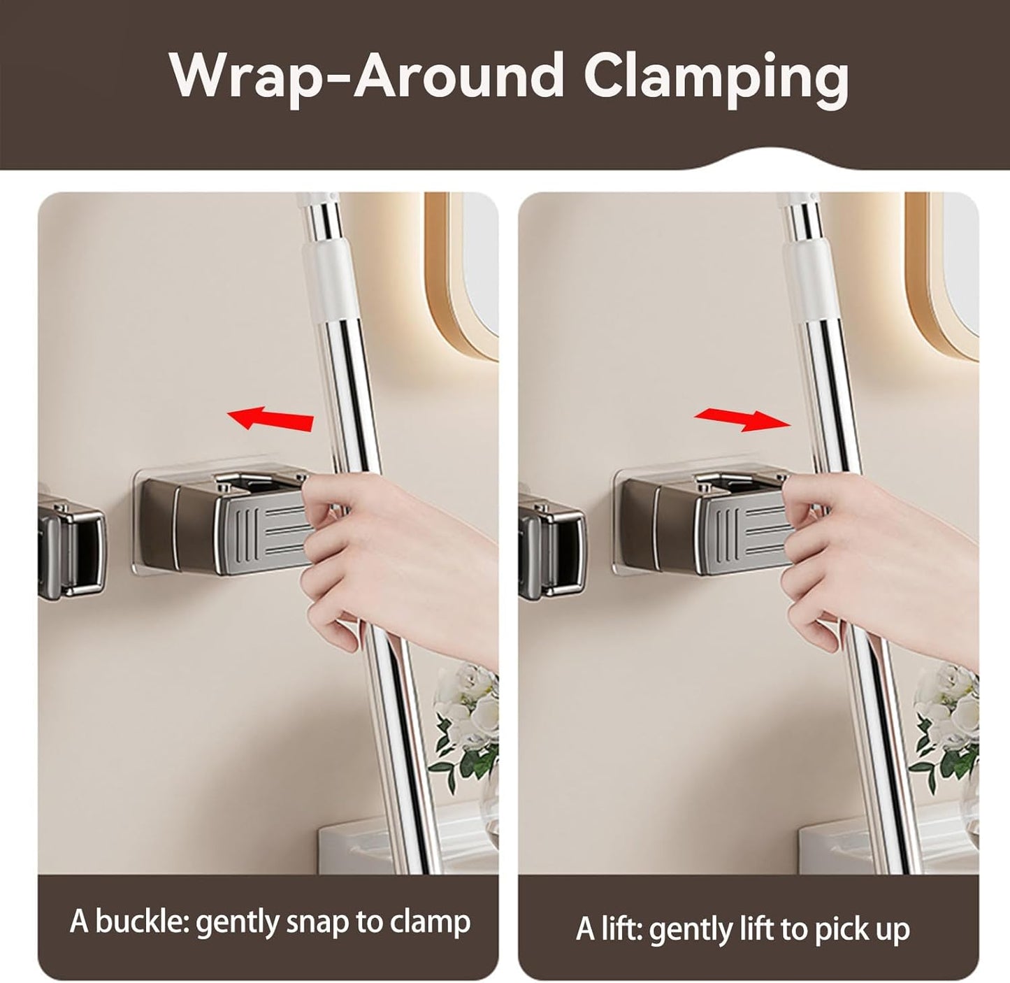 4 Pack Heavy Duty Mop Holder Wall Mount, Strong Adhesive Hanger for Broom Closet Organizer, Space Saving Utility Hooks for Bathroom Kitchen Garage Storage