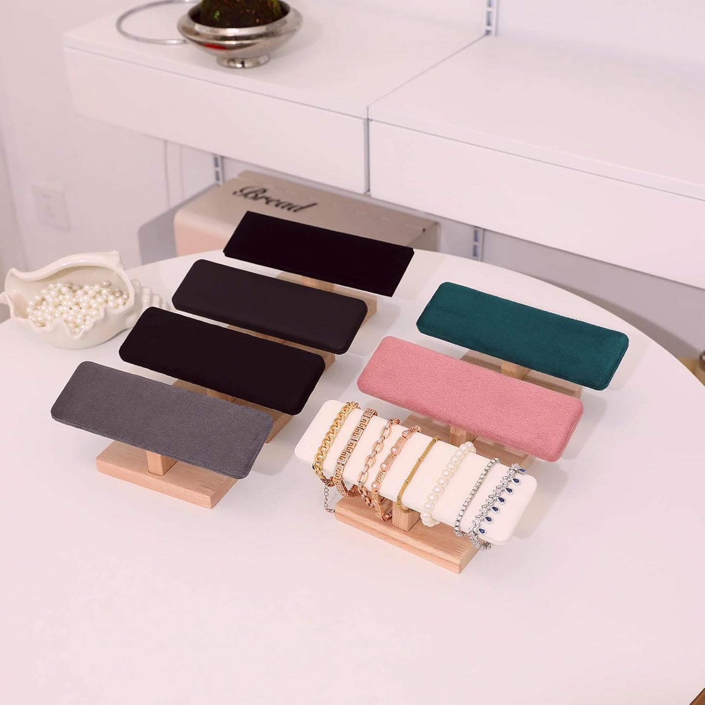 Wooden Watches Display Tower Base Watch Neck Bracelet Organizer Rack Bangle Scrunchie Headband Showcase Tower Black Suede
