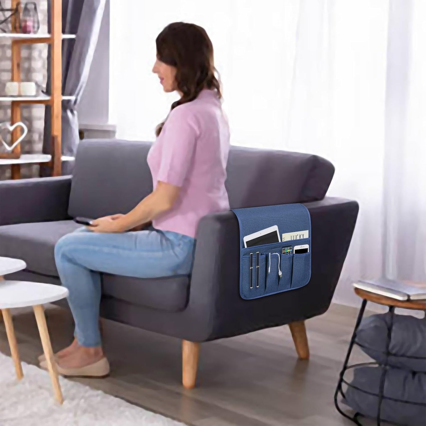 NB Sofa Armrest Organize remote holder bedside caddy organizer with 5 pockets,non-slip couch remote control holder couch armchair caddy accessories (Blue, 35"x12.4")