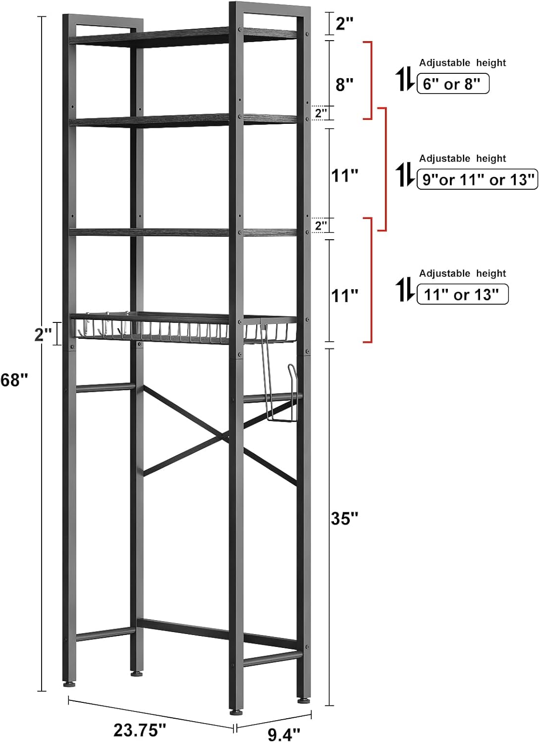 Over-The-Toilet Storage Rack, 4-Tier Bathroom Organizer Shelf Over Toilet with Adjustable Shelf and Basket, Freestanding Space Saver Bathroom Shelves Above Toilet for Room (Pure Black)