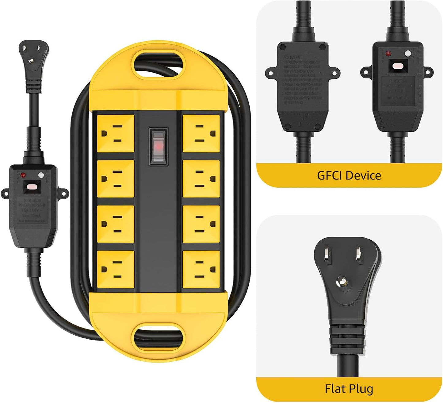 CCCEI GFCI Outdoor Power Strip Weatherproof with 8 AC, Waterproof Extension Cord with Multiple Outlets, Wall Mount Surge Protector Flat Plug, Christmas Exterior Garden, Yard, 25FT, Yellow.