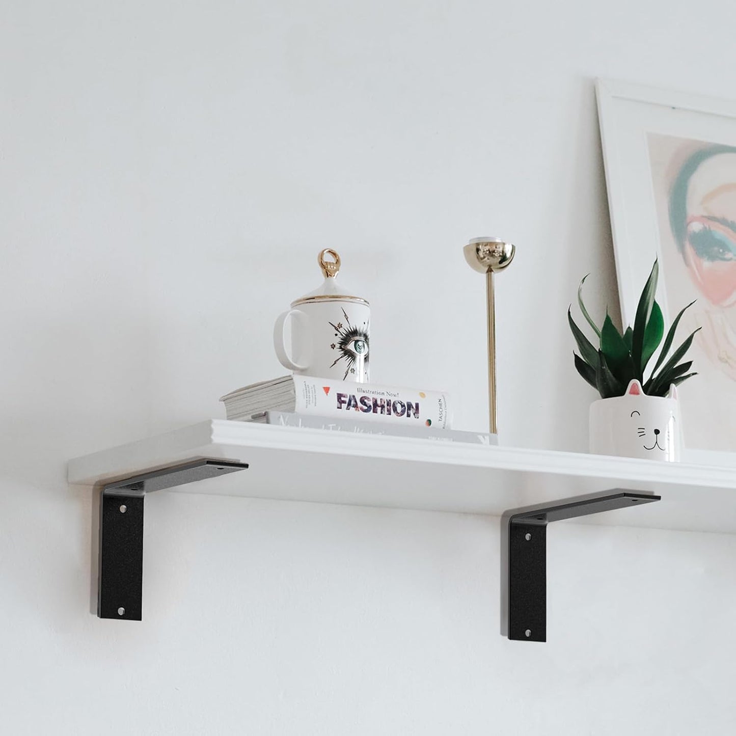 Black Heavy Duty Shelf Brackets 6 Inch, Rustic Gold Iron L Shelf Bracket, Industrial Modern Metal Floating Shelf with Hardware for DIY Open Shelving, 4 Pack