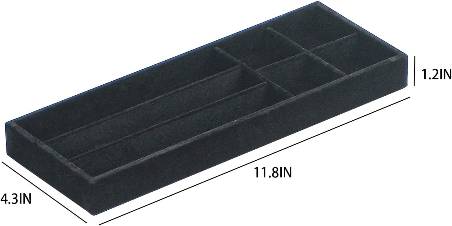 Divided Drawer Organizer Tray, Velvet Jewelry Storage Tray, Necklace Bracelet Ring Earring Display Tray,Bedside Nightstand Desk Holder Tray for Phone Watch Sunglasses Cosmetics Storage/Black/7grid