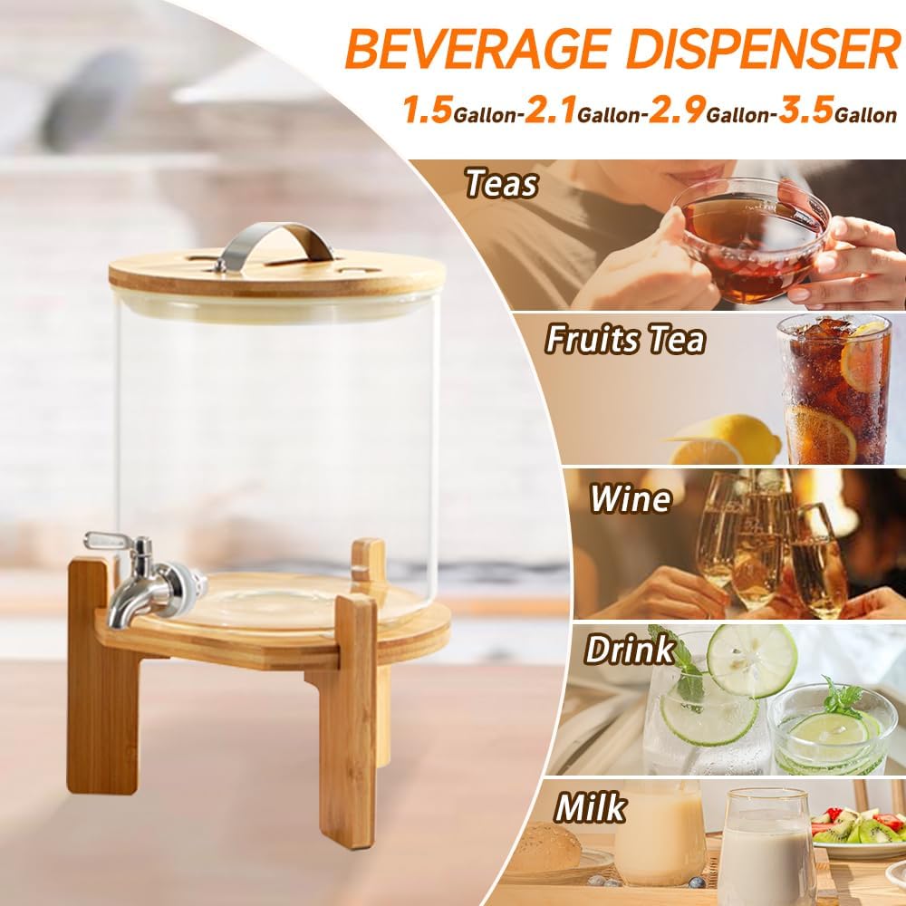 Beverage Dispenser, 1.5 Gallon Glass Drink Dispenser with Stand, Glass water dispenser with Spigot, Large Drink Dispensers for Parties,Bars,Restaurants, 5L