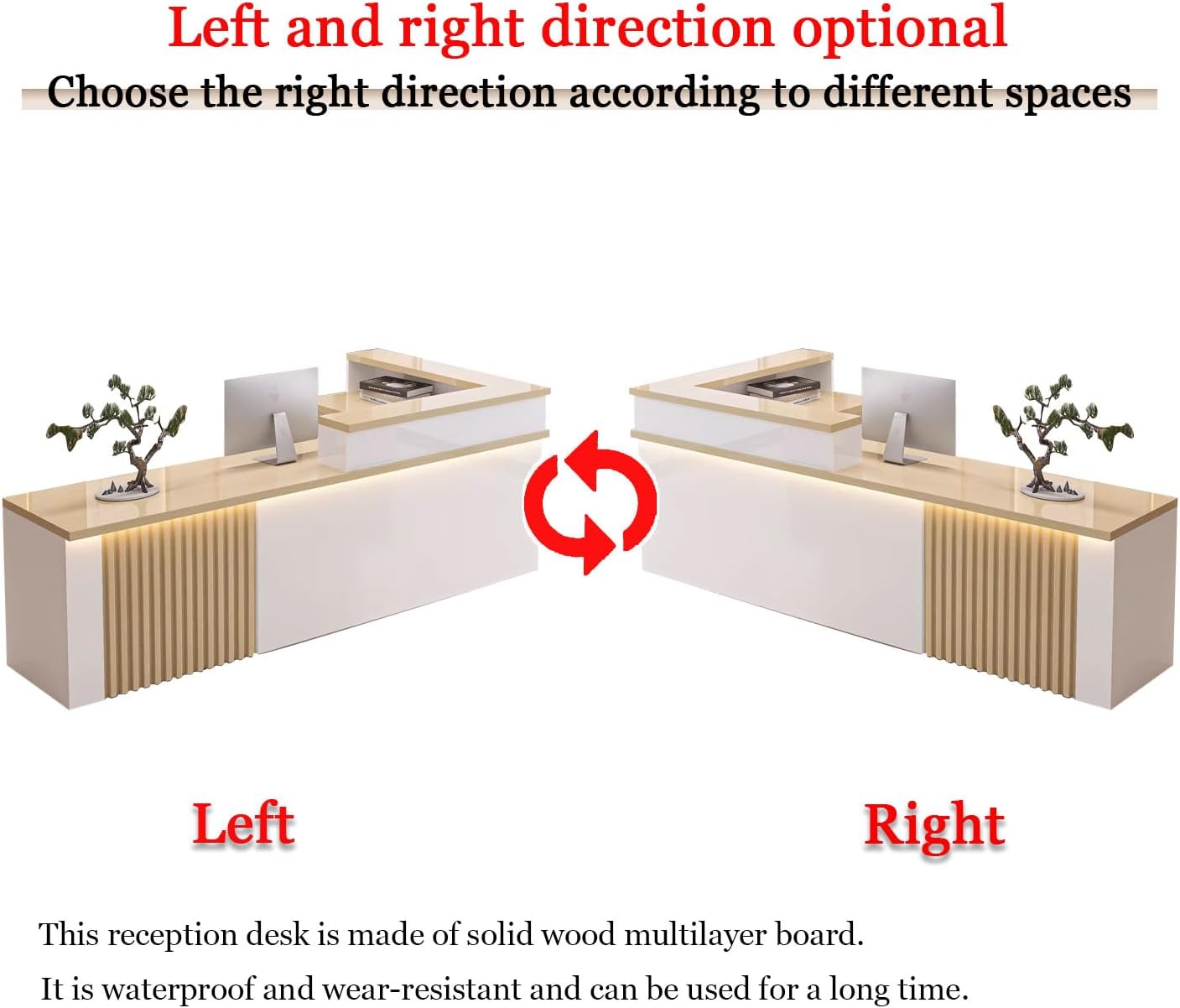 Receptionist Desk with LED Light,Wooden Salon Checkout Counter with Storage Drawer & Keyboard Tray Modern L-Shaped Reception Desk for Barbershop Office Company Store