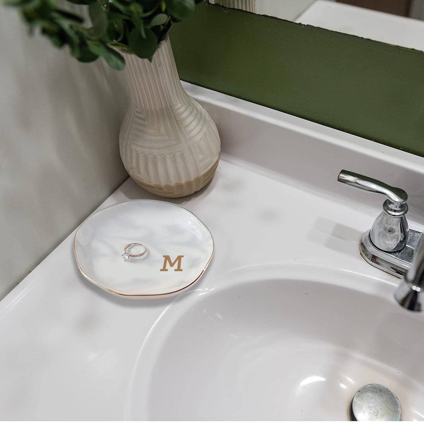 Initials Ring Dish Jewery Tray with Personalized M-Monogrammed Mother's Day Gifts Wedding Engagement for Women Friends sister,Ceramic White