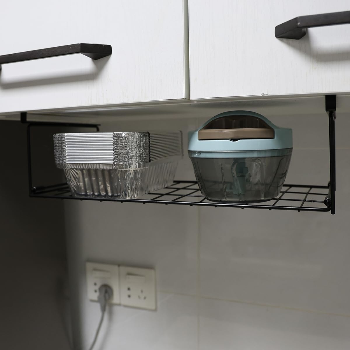 Foil and Plastic Wrap Organizer Kitchen Under Cabinet Desk Pantry Hanging Organizer Storage Foldable Rack (Black)