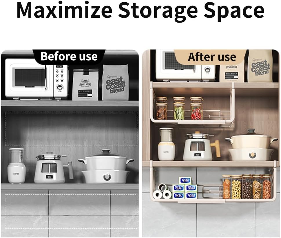 Expandable Under Shelf Basket Organizer, Under Shelf Storage, Hanging Baskets Under Cabinet for Pantry Kitchen Cupboard Desk Counter Bookshelf Space Saver Heavy Duty Slide-in (white, 1 Pack)