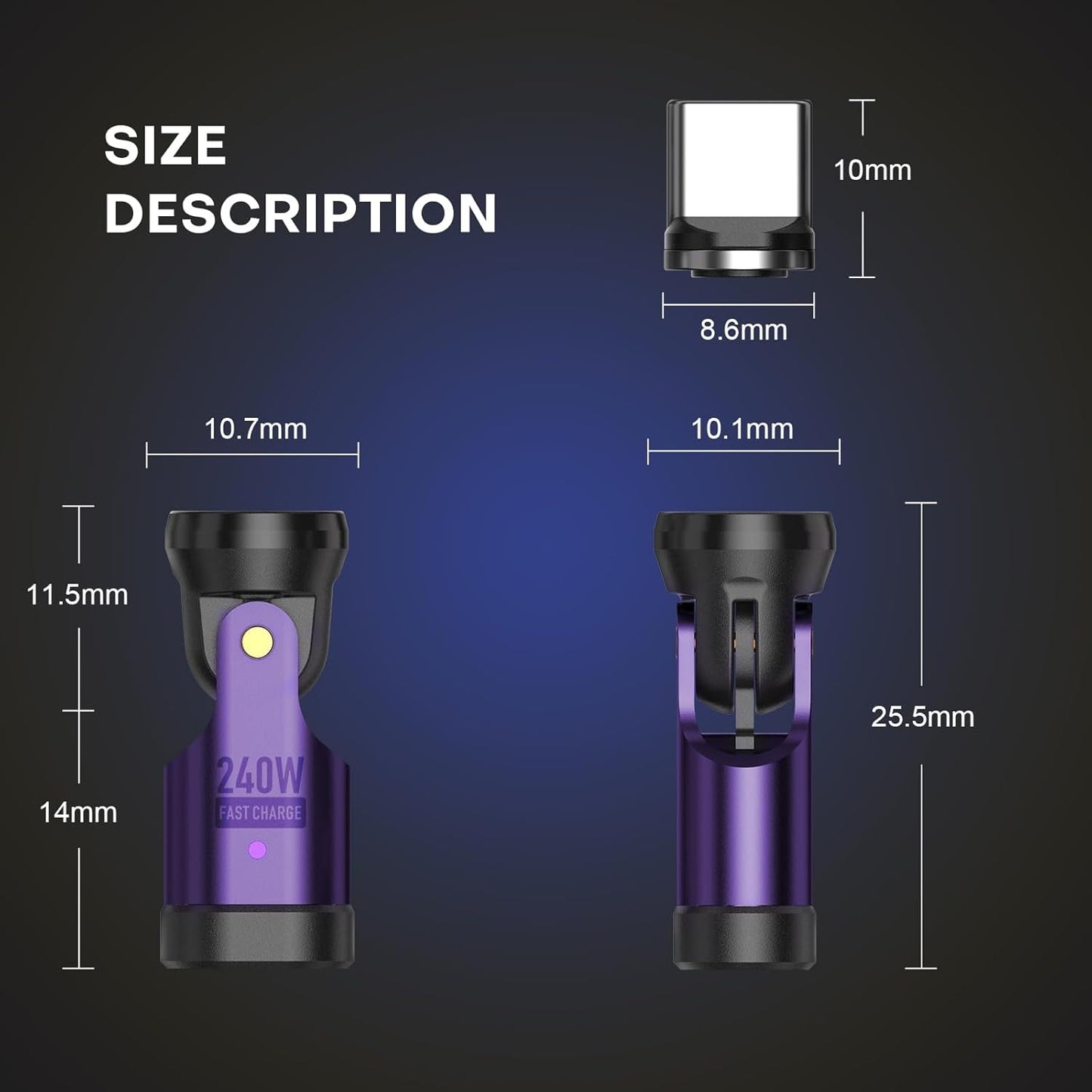 Magnetic USB C 90 Degree Adapter 240W, Can Be Type-C Cord Into Right Angle Magnetic USB C Charging Cable, Magnet Charger USBC Adapter 180&360 OTG Tips for Phone 17/16 Tablet(2 Pack Purple)