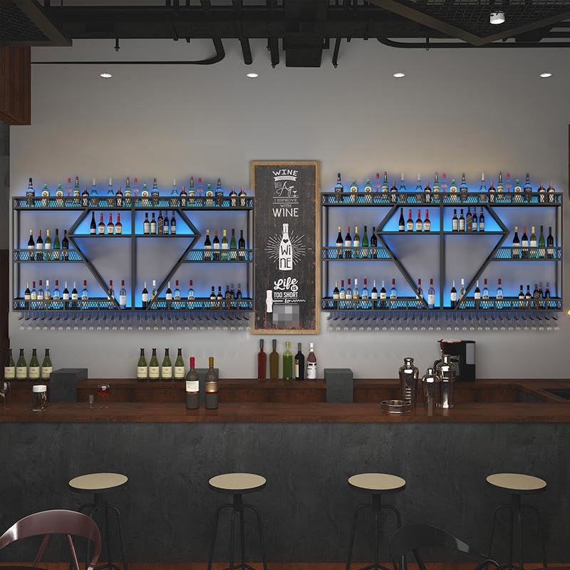 95in Large Wall Mounted Wine Rack 4 Tier Metal Wine Bottle Holder Modern Diamond Design Floating Bar Liquor Bottles Storage Rack for Home Restaurant Bar Decorative(Gold, 4 Tier - 95in)
