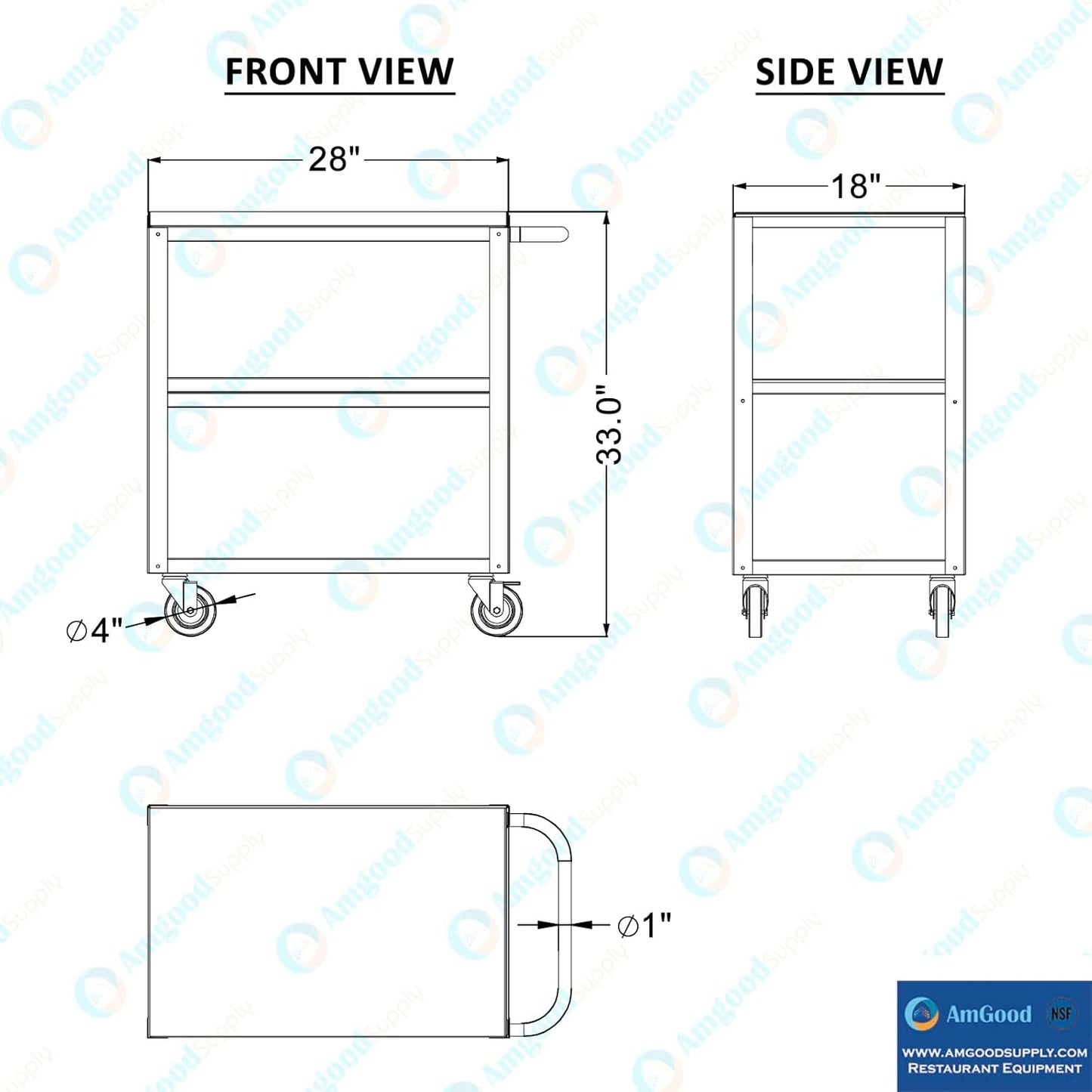 18 in. Wide X 28 in. Long X 33 in High | 3 Shelf Metal Utility Cart on Wheels with Handle