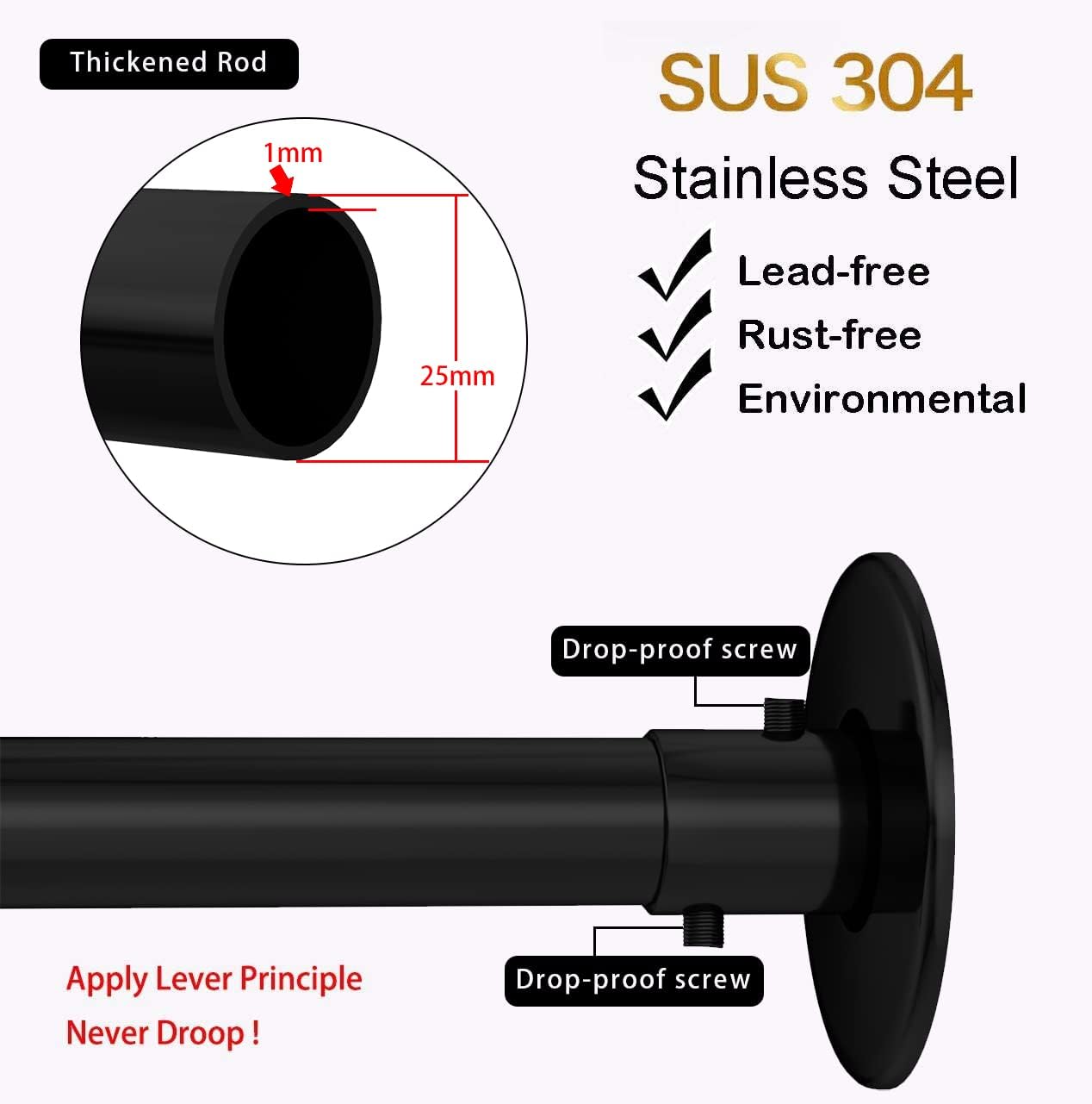 Corner Shower Curtain Rod Adjustable Stainless Steel L Shaped Rack Drill Free Install for Bathroom, Bathtub, Clothing Store (Black, 27"-39"x27"-39")