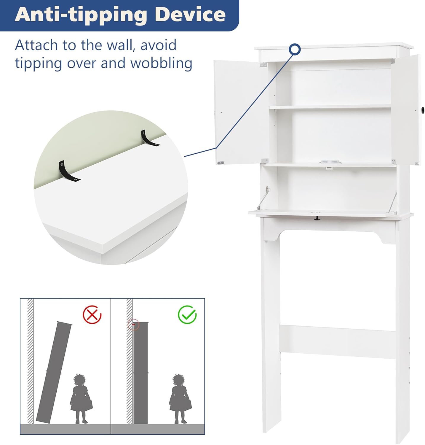 Over The Toilet Storage Cabinet, Bathroom Cabinet Over Toilet with Double Doors and Adjustable Shelf, Freestanding Space Saver Bathroom Shelf Above Toilet for Room, White