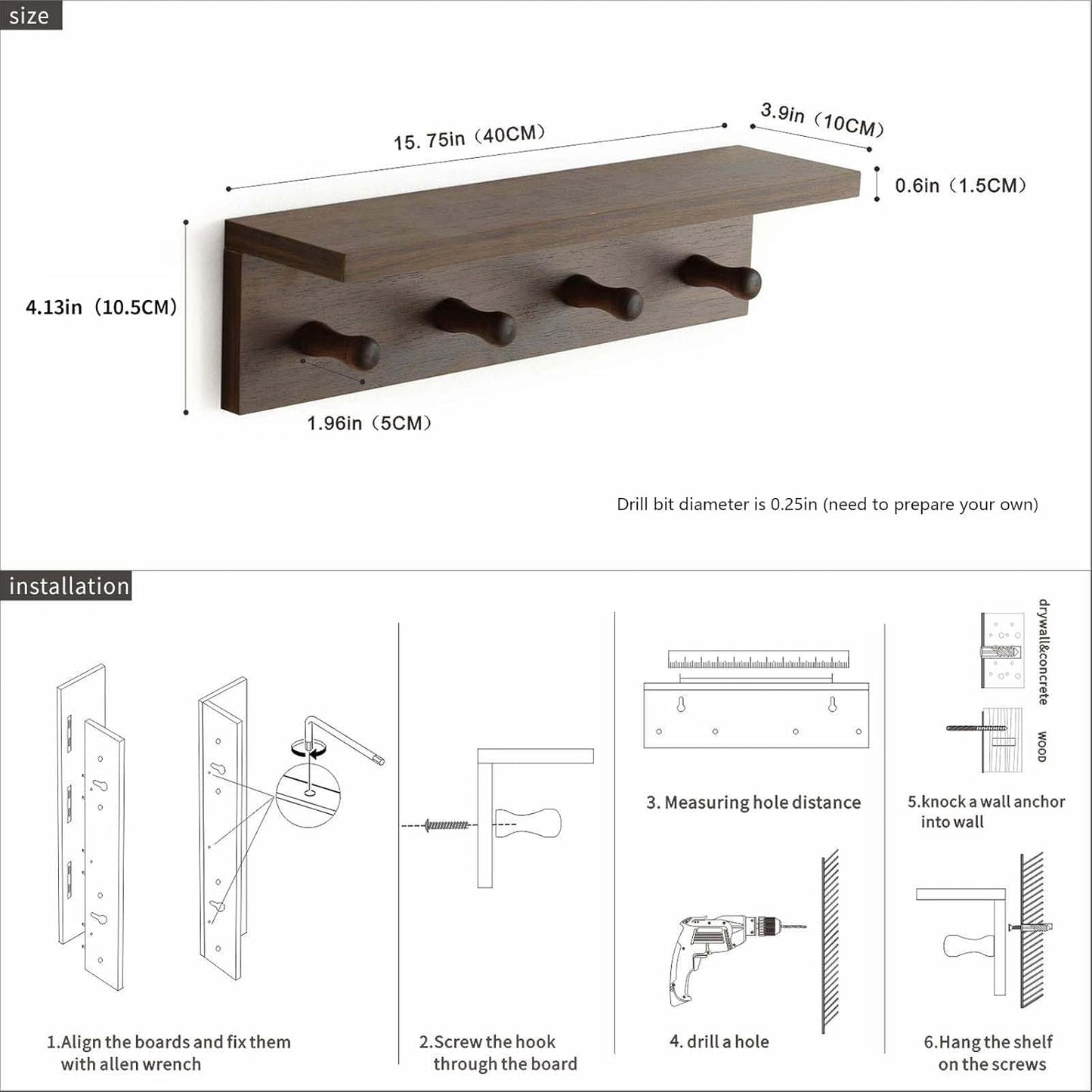Entrance Coat Rack ,Coat Hooks, Wall-Mounted Wooden Hook Rack, Wall-Mounted Shelves are Very Suitable (Walnut Colored Finish-1)