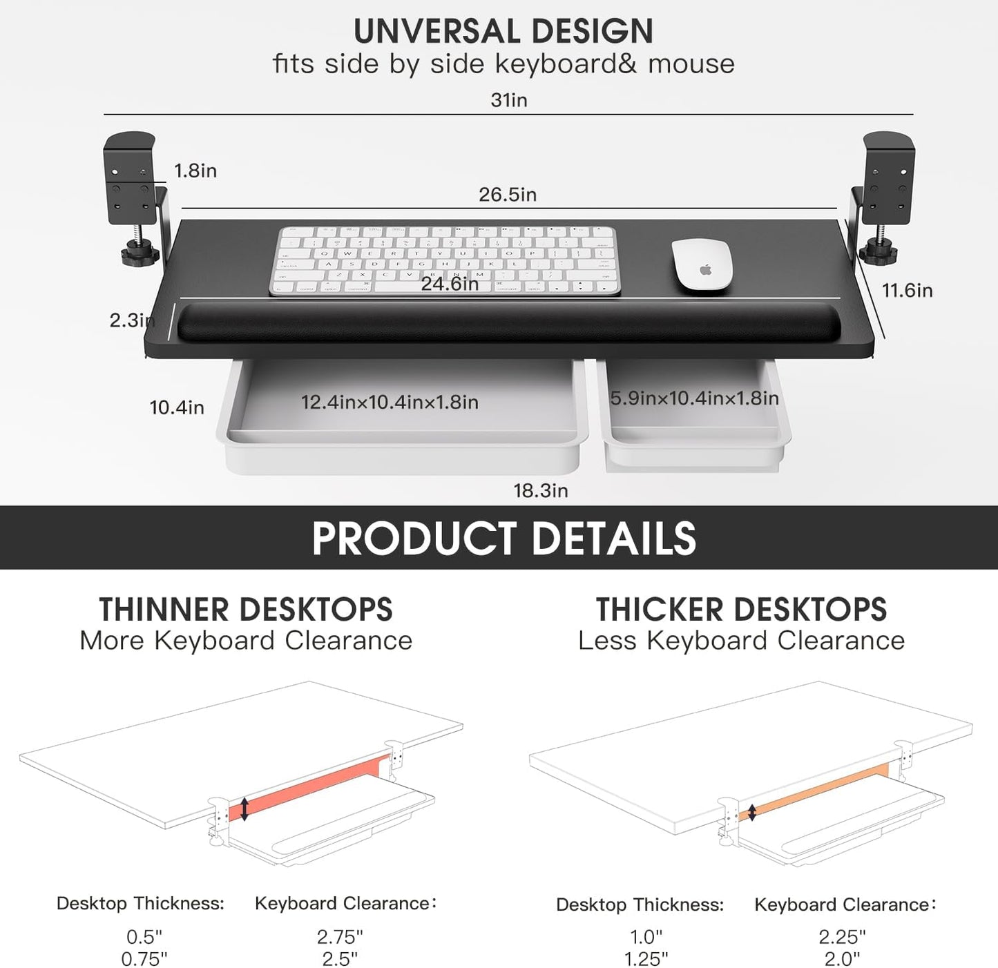 Keyboard Tray Under Desk with a Soft Wrist Rest,Under Desk Keyboard Tray Slide Out with 2 Storage Drawers,C Clamp-on Mount Ergonomic Keyboard Tray for Home and Office,26.5"x11.6"