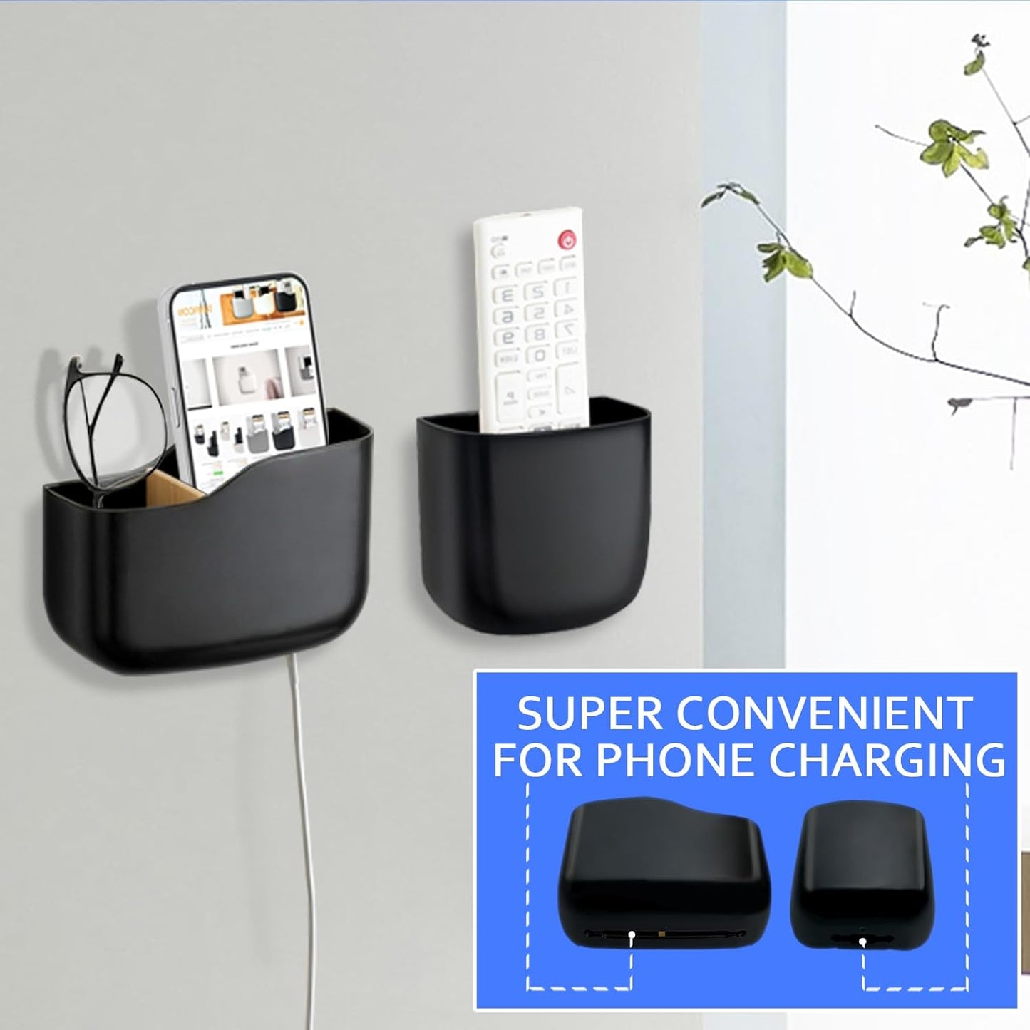 SUNFICON Remote Holder Wall Mount TV FAN Remote Control Holder Bedside Caddy Wall Organizer Phone Holder for Office Adhesive Media Player Controller Holder Box Tray Home Desk Nightstand Black 2 Small