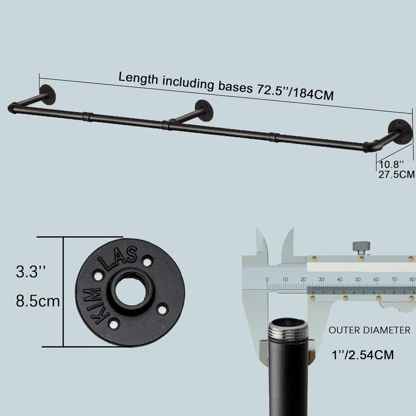 Industrial Pipe Clothes Rack with 3 S-shaped Hooks, 72’'L Wall Mounted Garment Rack, Heavy Duty Iron Garment Bar, Clothes Hanging Rod Bar for Laundry Room, Max Load 135Lb Black (2 Package)