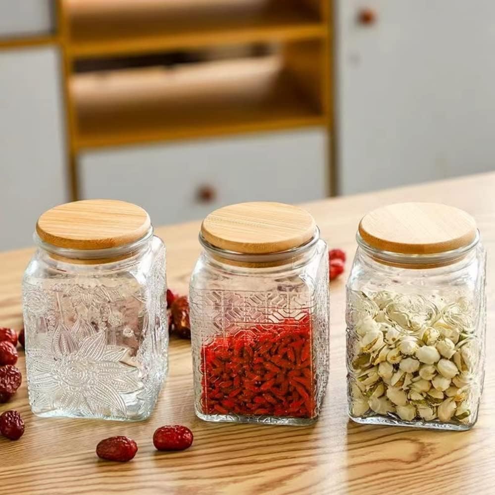 ANSQU 25.3 FL OZ Square Glass Jar, Glass Storage Canister with Airtight Lid, Glass Food Storage Containers for Candy, Coffee, Tea, Canning, Cute Jar (Square Begonia)