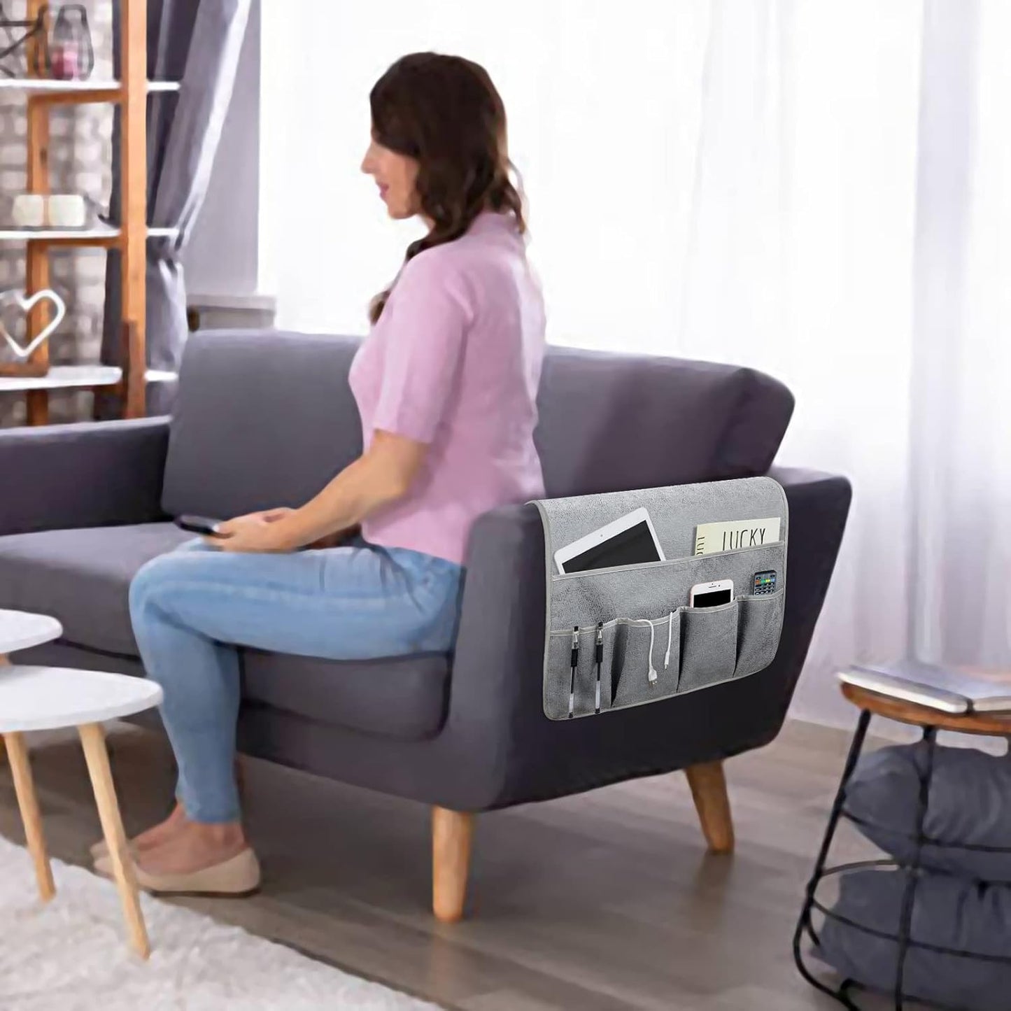 NB Sofa Armrest Organize remote holder bedside caddy organizer with 5 pockets,non-slip couch remote control holder couch armchair caddy accessories (Gray, 35''x18'')