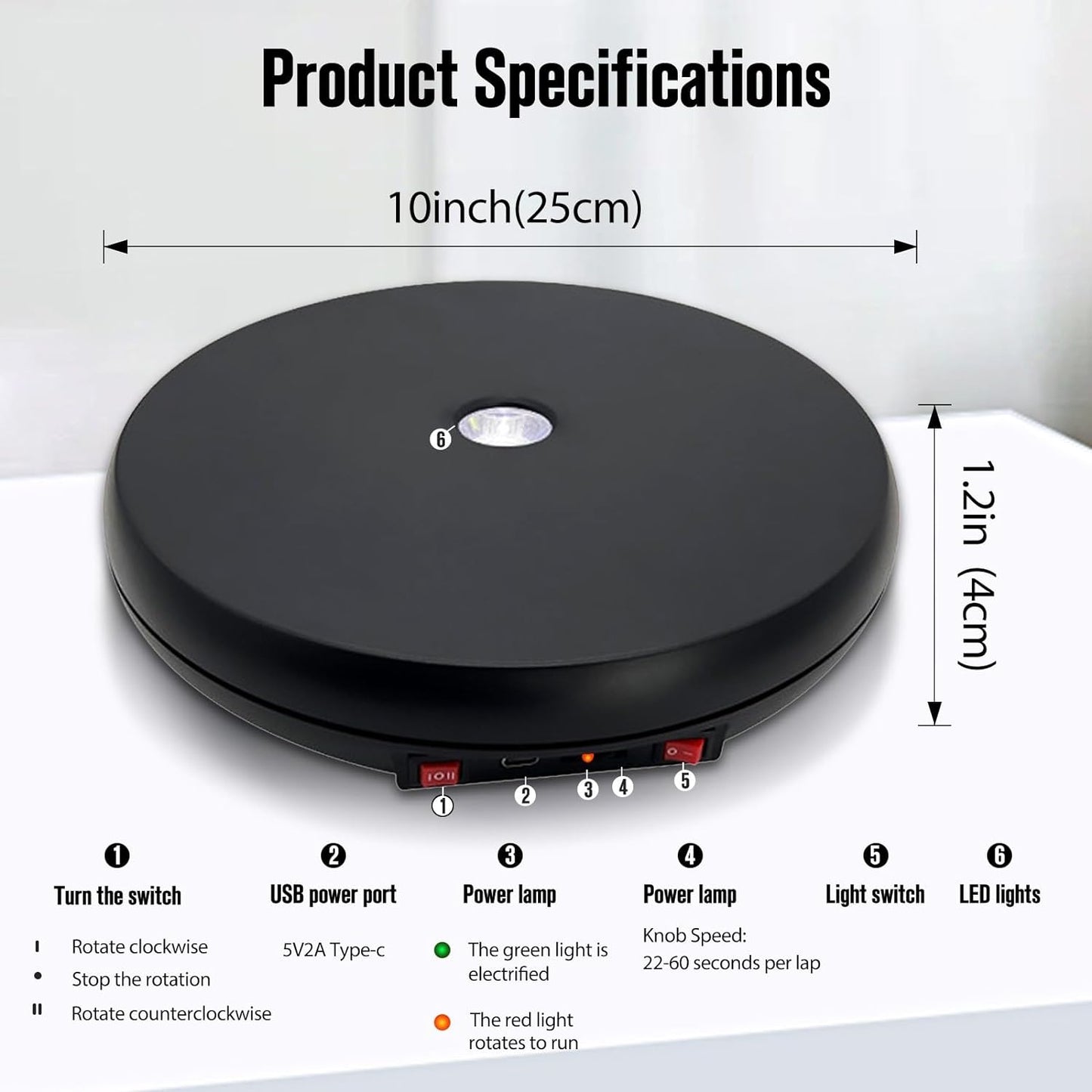 JAYEGT Motorized Rotating Display Stand with LED Light , 10 inch /55lbs Load, 360 Degree Electronic Turntable Display Stand for Photography Products Shows, Jewelry, Watch, 3D Models, Cake (Black)