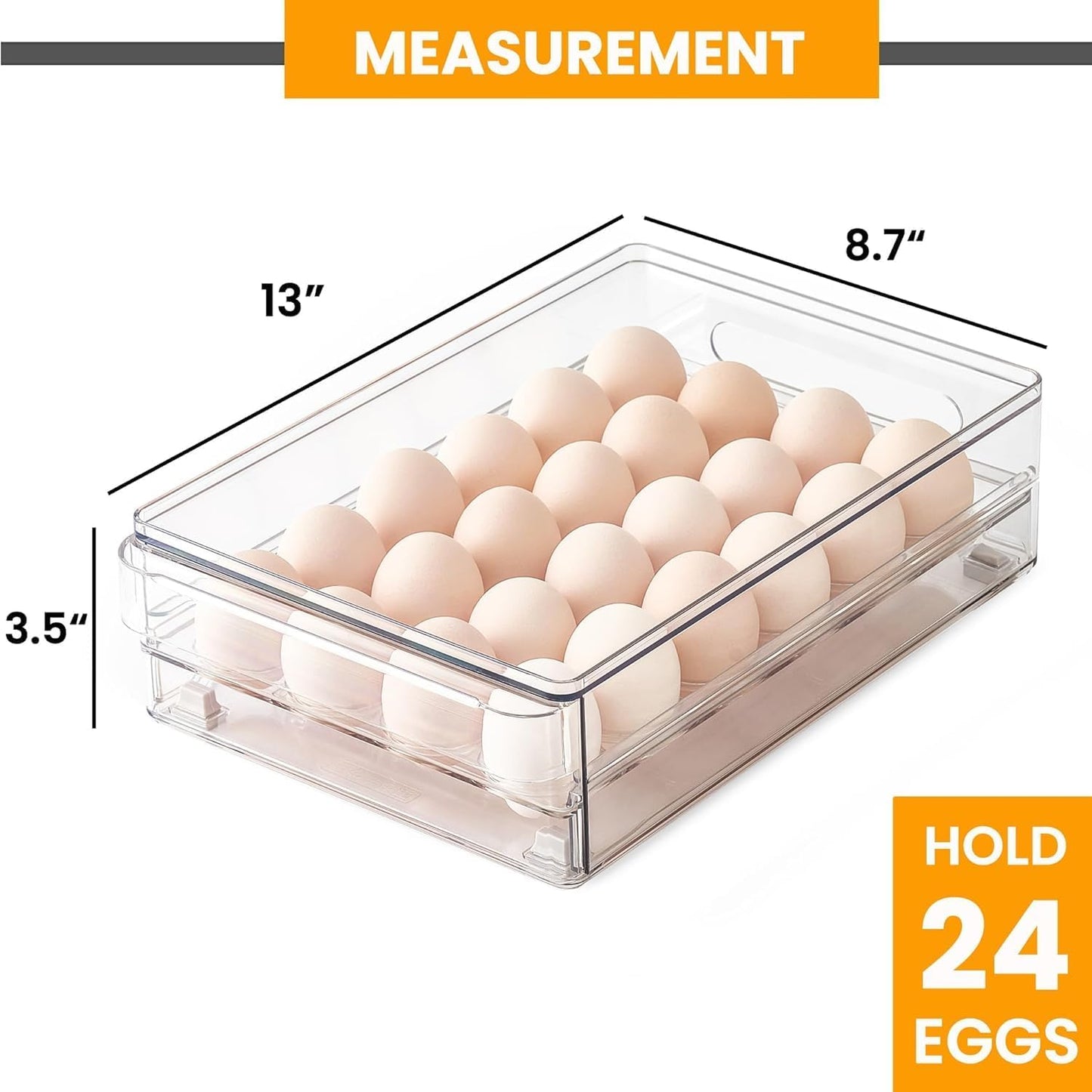 vacane 24 Capacity Egg Holder for Refrigerator, Egg Drawer for Fridge Pull Out Egg Storage Container with Non-Slip Pads Clear Egg Tray Egg Organizer - 2 Pack