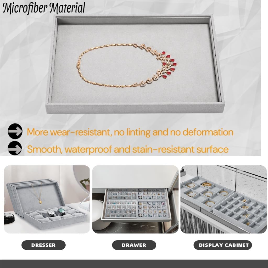 Microfiber Jewelry Tray Stackable Jewelry Organizer Drawer Trays For Necklace Bracelets Watch Perfume Storage Holder (Grey)