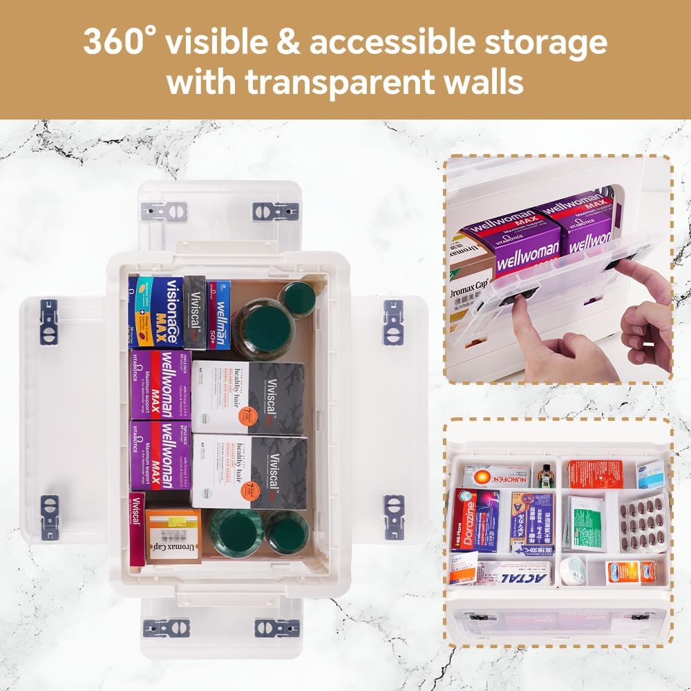 DOUKE 30qt Medicine Organizer Storage Box – Plastic First Aid Box Empty with Lid, Stackable Medical Container with Handle & Wheels, Sturdy BPA-Free Case with Tray for Medication & Supplies