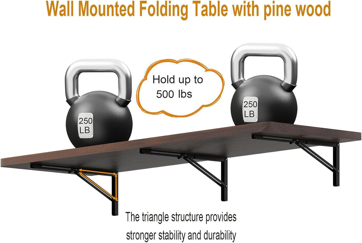IAE Wall Mounted Folding Table with Pine Wood,60" x 16" Floating Wall Desk,Laundry Folding Table with Shelf Brackets,Fold Down Desk Shelf,Folding Workbench for Home,Dining,Laundry Room,Kitchen,Brown