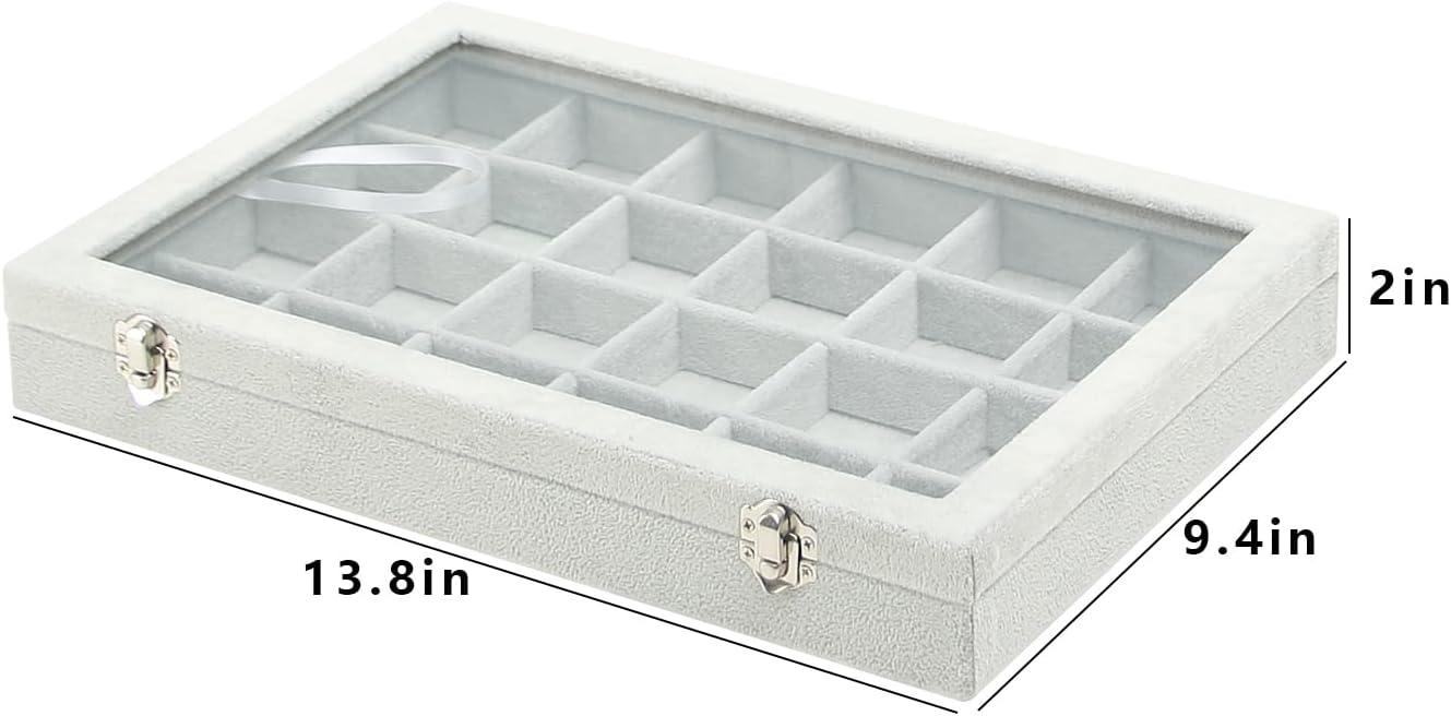 Coward Jewelry Organizer Tray Box, 24 Grids Ring Earring Chain Bracelet Necklace Jewelry Bead Display Holder Tray Case with Transparent Glass Lid for Home Drawer or Shop Selling