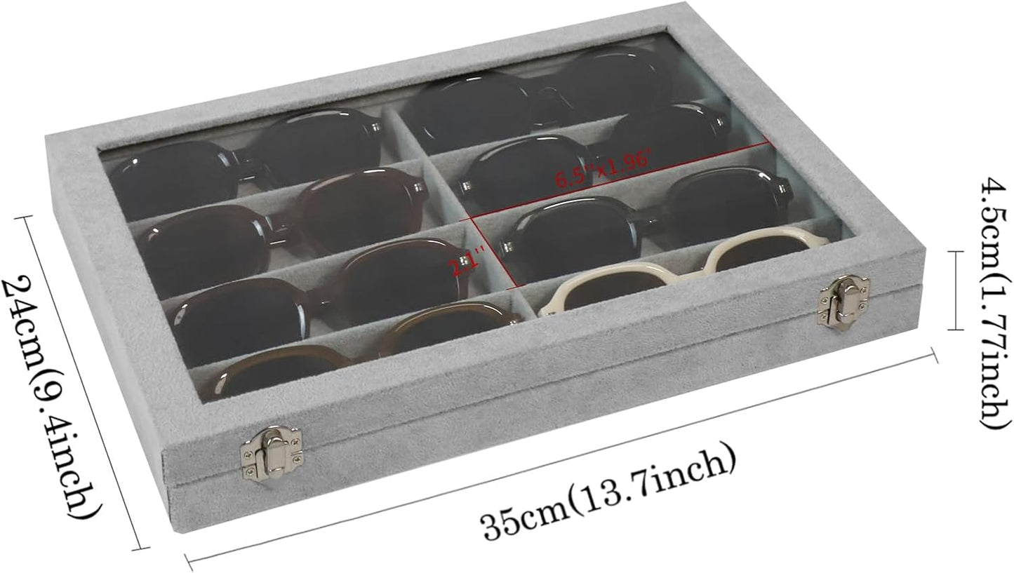 Wudygirl Jewelry organizer Sunglass Organizer 8 Slot Velvet Jewelry Tray Sunglasses Case with Lid Multi Eyeglass Case for Women Men(8 Grid