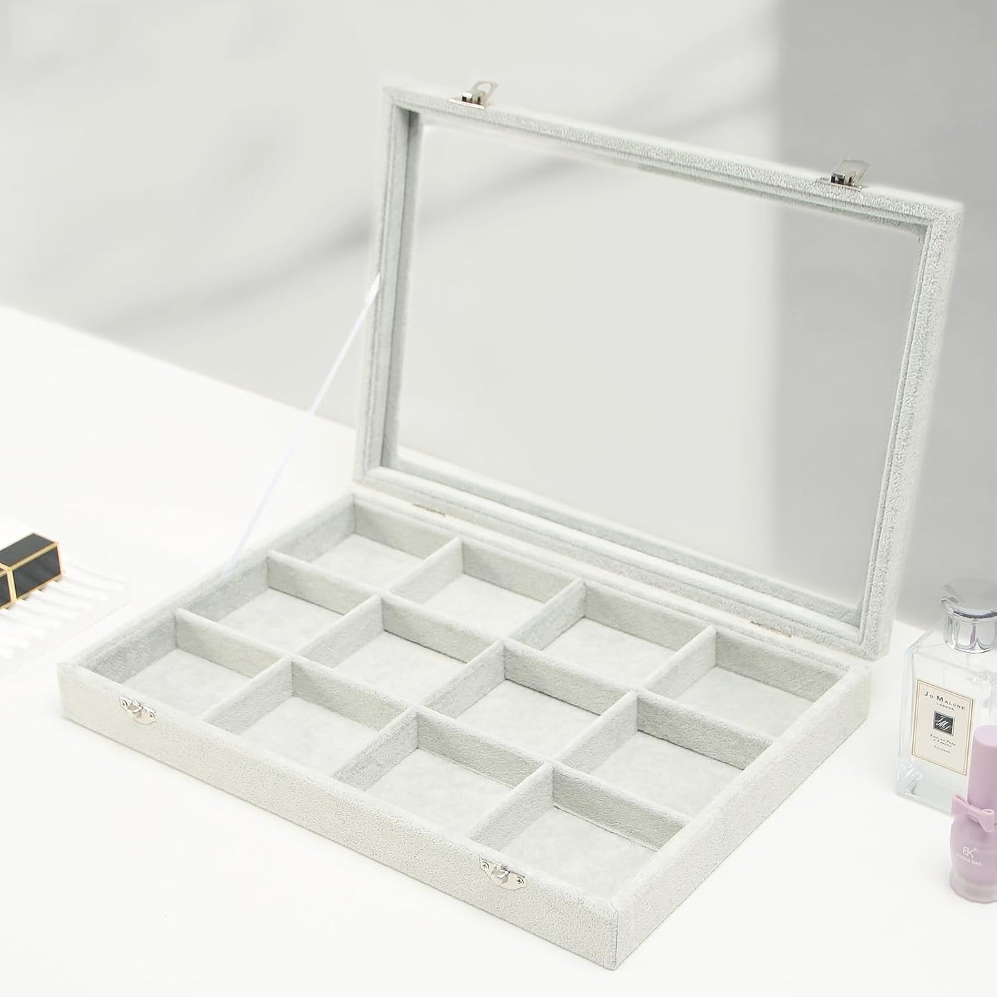 Coward Jewelry Organizer Tray Box, Grey Beige Velvet 12 Grids Bracelet Bangle Necklace Jewelry Display Tray Case with Transparent Glass Lid for Home Desk Drawer or Store Selling Show