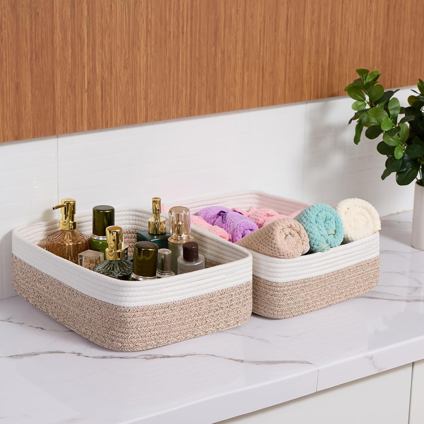Large Shallow Organizing Baskets 15x11x5.1 Inches - Rope Woven Storage Bins for Bathroom, Shelves, Cube Closet, White Mixed Brown 3 Packs