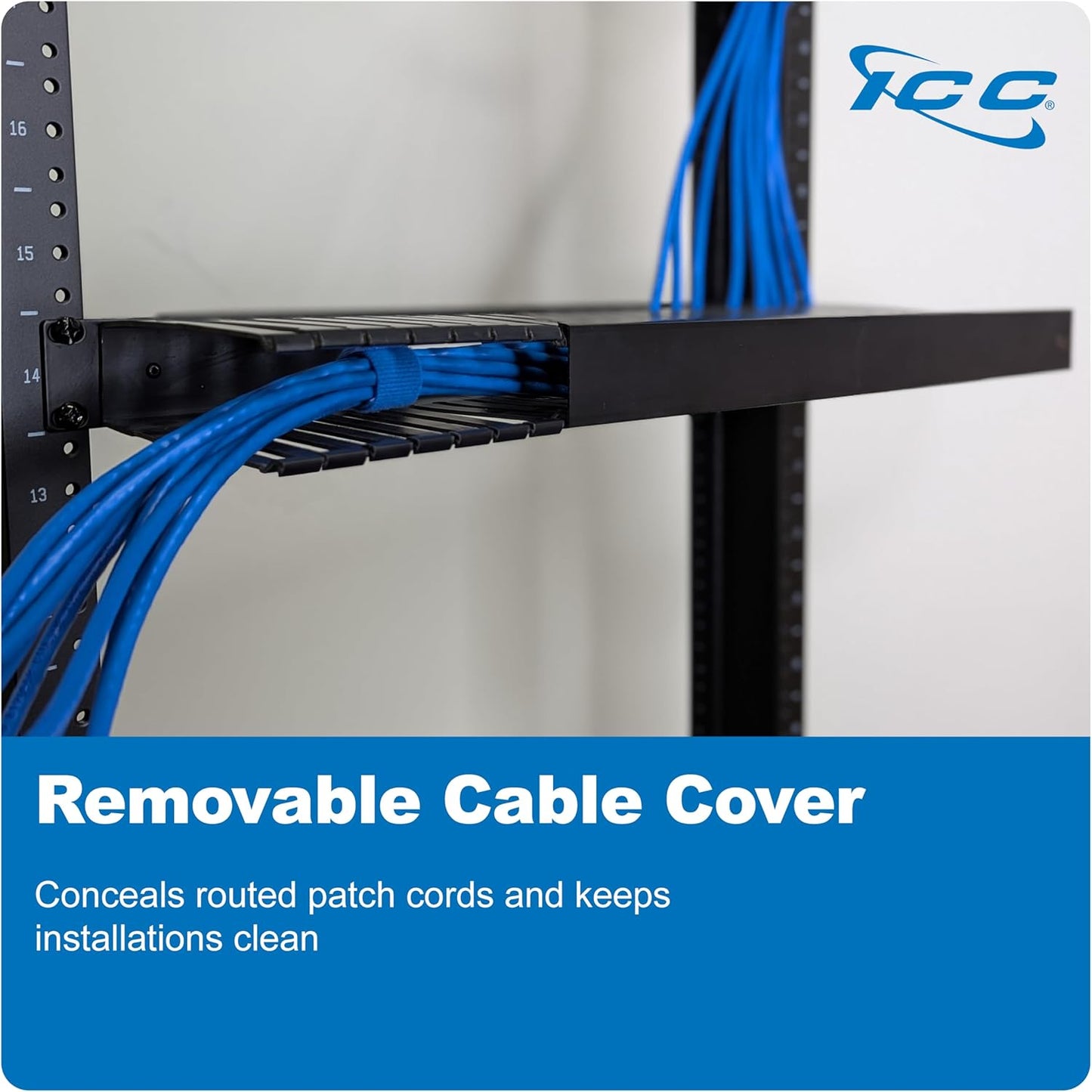 ICC 1U Finger Duct Cable Manager Panel with Cover, Plastic with Metal Back Frame, 3" Depth, Horizontal Cable Management, Rackmount for 19” Network Racks, Black, Single Pack