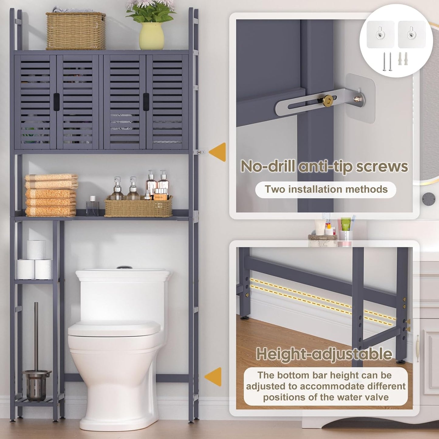 Over The Toilet Storage Cabinet with Paper Holder Stand,Bamboo Bathroom Organizer Shelf with Four Door and Waterproof Feet Pad,Space Saver Rack with Anti-Tip Design (Grey)