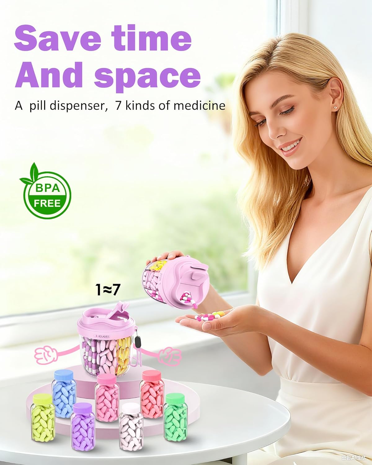 Cute Pill Organizer,Pill Dispenser with 7 Large Compartments,Portable Pill Bottle Box with Wide Opening for Easy Use, Anti-Mix Pills Organizer for Travel,Includes 20 Pcs Sticky Labels(Purple)