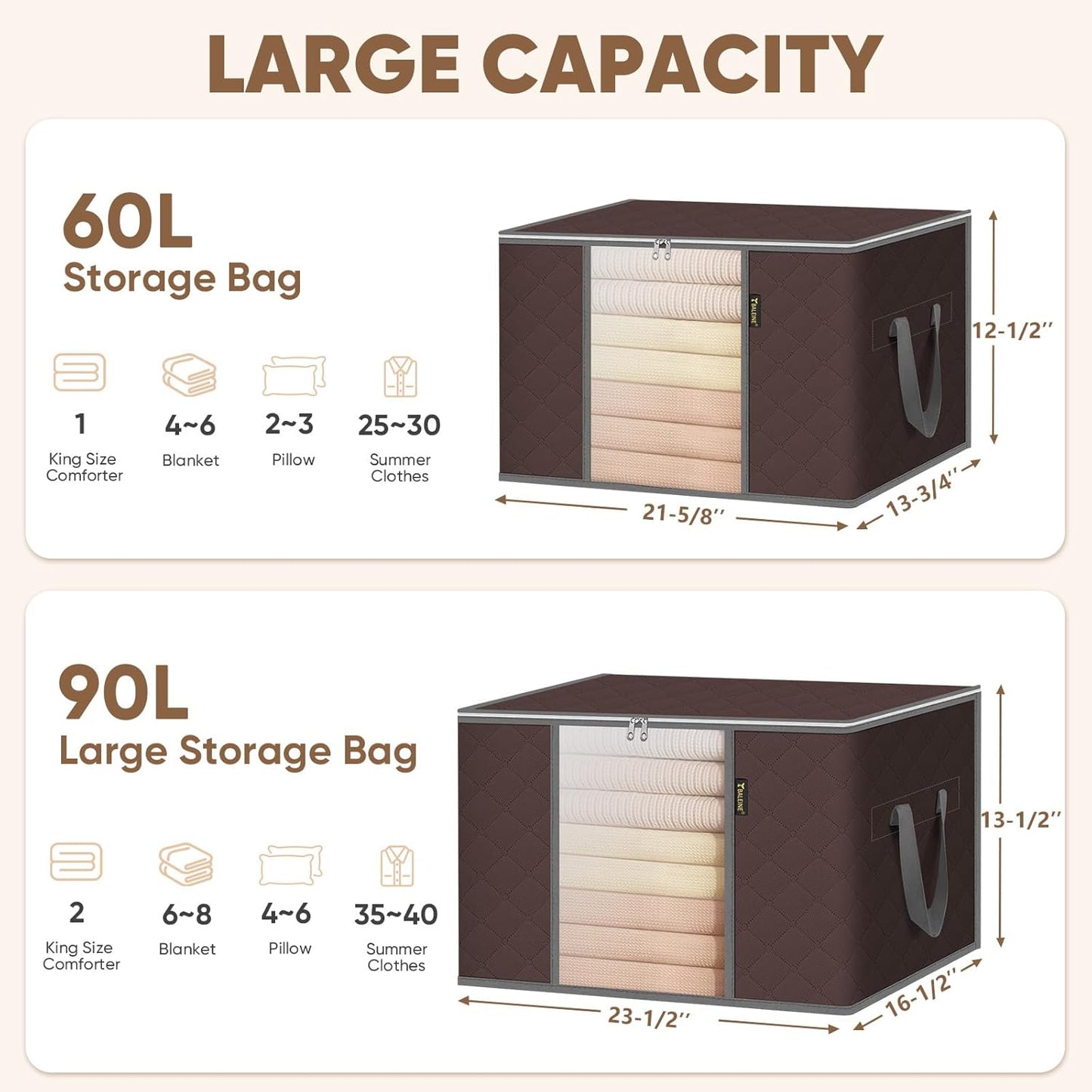 BALEINE 4 Pack Clothes Storage Bags, 24 Gallon Storage Containers with Reinforced Handle, Sturdy Zipper, Closet Organizer for Blanket, Comforter, Pillow, Bedding (Brown, 4 Pack)